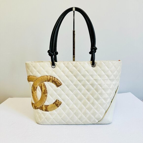 AUTHENTIC CHANEL LAMBSKIN LEATHER AND SNAKESKIN CC QUILTED CAMBON TOTE BAG RARE - Picture 1 of 14